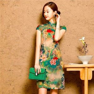 Floral Qipao Cheongsam Chinese Traditional Dress Modest S/M